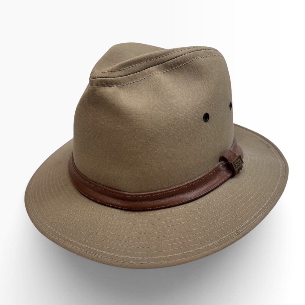 Vintage London Fog Mens Tan Canvas Fedora Hat Khaki Made in USA Brass Logo Tag